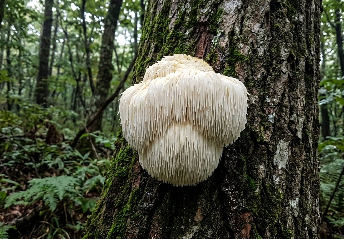 shaggy white mushroom on bark